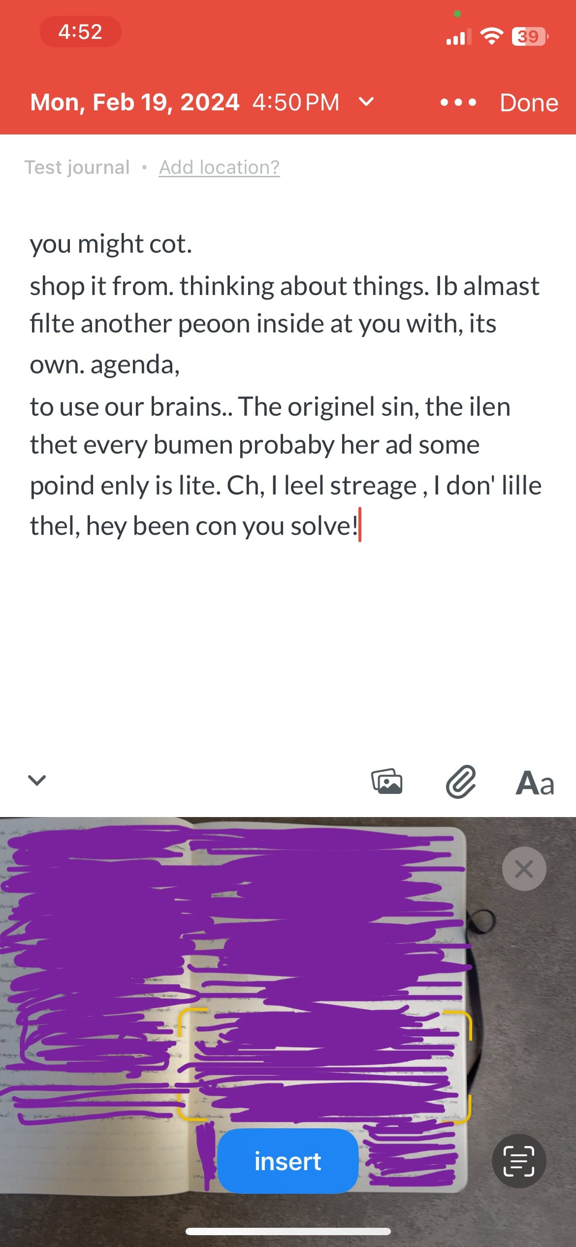Blurred out because I don’t want to subject anyone to the actual contents of my journal. You can see the yellow automatic selection from Day One isn’t the entire page of text. No matter what I did, I could not get the app to select the full page. 